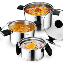 Load image into Gallery viewer, Click and Cook Stainless Steel Casserole 3 Pc Set | 6.5 L, 3.2 L, 1 L | Unique Foldable Cool-touch Handles | Tri-ply Bottom | Glass Lid with Steam Vent | Induction and Gas Cooktop Friendly