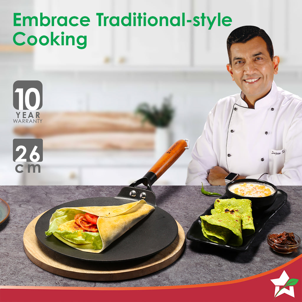 Ferro Light-weight Cast-iron Roti Tawa | 26cm | Pre-seasoned with 100% Vegetable Oil | 40% Lighter than Regular Cast-iron Cookware | Cool-touch Real Acacia Wood Handles | 10-Year Warranty