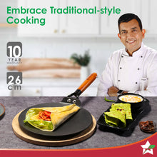 Load image into Gallery viewer, Ferro Light-weight Cast-iron Roti Tawa | 26cm | Pre-seasoned with 100% Vegetable Oil | 40% Lighter than Regular Cast-iron Cookware | Cool-touch Real Acacia Wood Handles | 10-Year Warranty