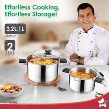 Load image into Gallery viewer, Click and Cook Stainless Steel Casserole 2 Pc Set | 3 L, 1 L | Unique Foldable Cool-touch Handles | Tri-ply Bottom | Glass Lid with Steam Vent | Induction and Gas Cooktop Friendly