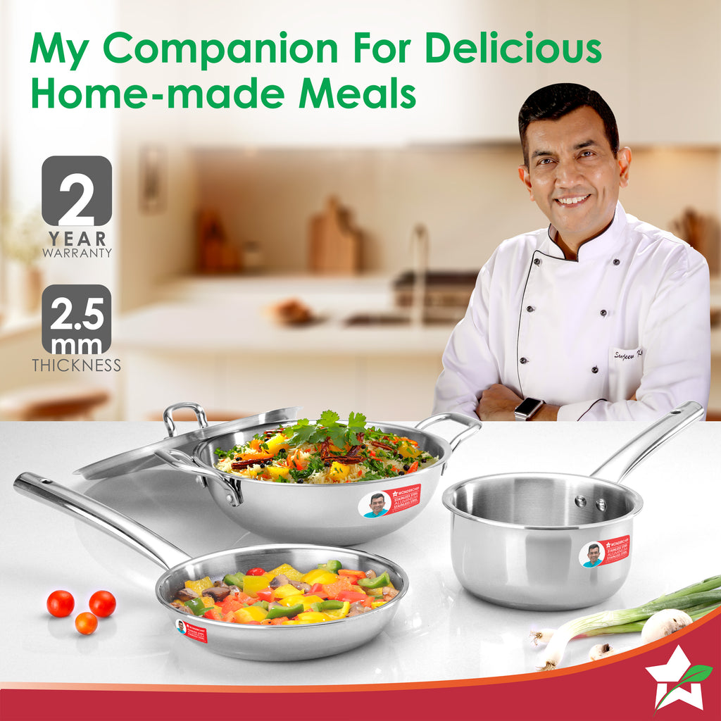 Venice Triply Stainless Steel 4 Pc. Cookware Set | Fry Pan 24cm, Kadhai with Lid 24cm, Saucepan 16cm | Non-toxic | Uniform Heating | Heavy-duty Handle | Easy Cleaning | 10-year Warranty