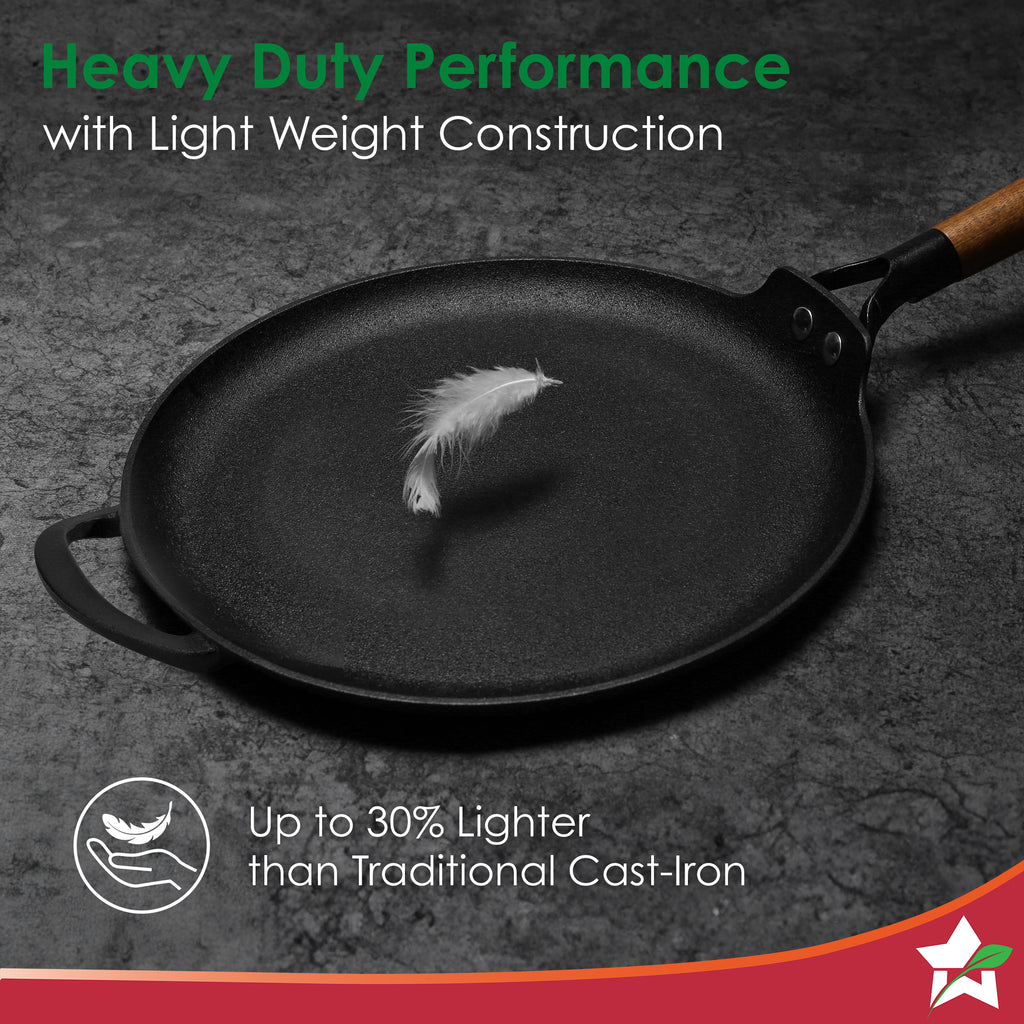 Ferro Light-weight Cast-iron Dosa Tawa | 30cm | Pre-seasoned with 100% Vegetable Oil | 40% Lighter than Regular Cast-iron Cookware | Cool-touch Real Acacia Wood Handles | 10-Year Warranty