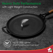 Load image into Gallery viewer, Ferro Light-weight Cast-iron Dosa Tawa | 30cm | Pre-seasoned with 100% Vegetable Oil | 40% Lighter than Regular Cast-iron Cookware | Cool-touch Real Acacia Wood Handles | 10-Year Warranty