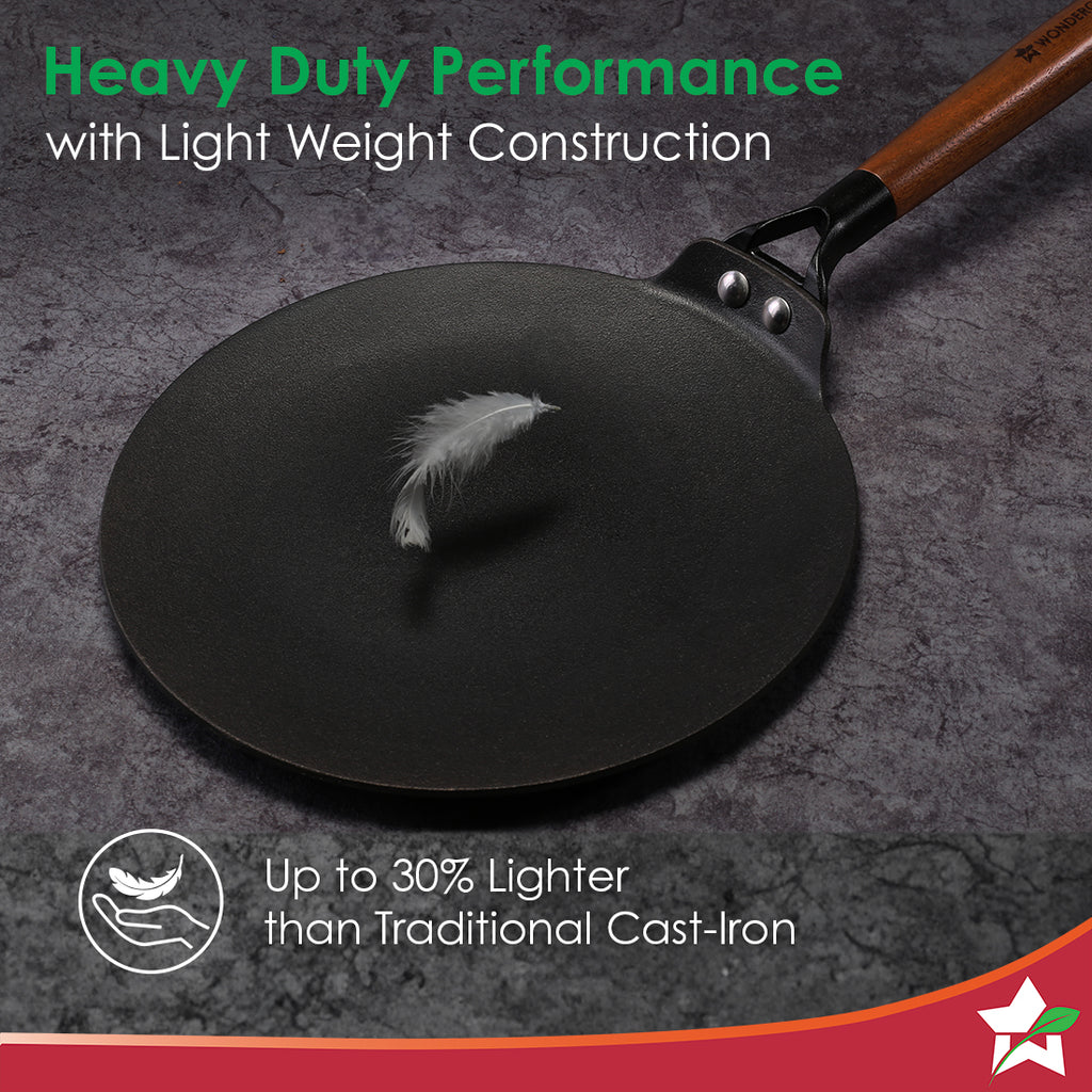 Ferro Light-weight Cast-iron Roti Tawa | 26cm | Pre-seasoned with 100% Vegetable Oil | 40% Lighter than Regular Cast-iron Cookware | Cool-touch Real Acacia Wood Handles | 10-Year Warranty