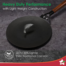 Load image into Gallery viewer, Ferro Light-weight Cast-iron Roti Tawa | 26cm | Pre-seasoned with 100% Vegetable Oil | 40% Lighter than Regular Cast-iron Cookware | Cool-touch Real Acacia Wood Handles | 10-Year Warranty