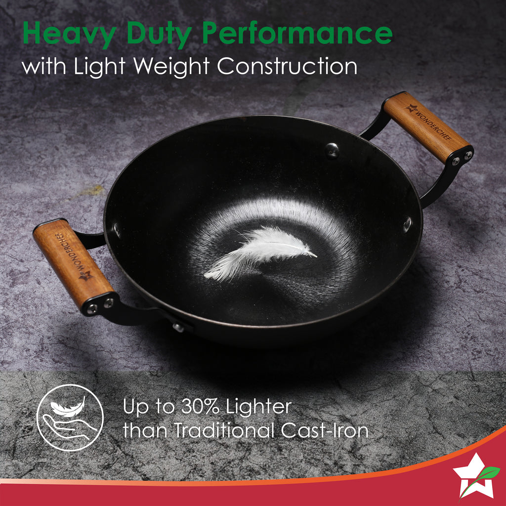 Ferro Light-weight Cast-iron Kadhai | 20cm | Pre-seasoned with 100% Vegetable Oil | 40% Lighter than Regular Cast-iron Cookware | Cool-touch Real Acacia Wood Handles | 10-Year Warranty