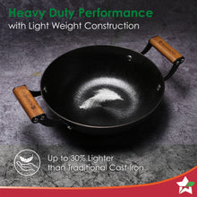 Load image into Gallery viewer, Ferro Light-weight Cast-iron Kadhai | 20cm | Pre-seasoned with 100% Vegetable Oil | 40% Lighter than Regular Cast-iron Cookware | Cool-touch Real Acacia Wood Handles | 10-Year Warranty