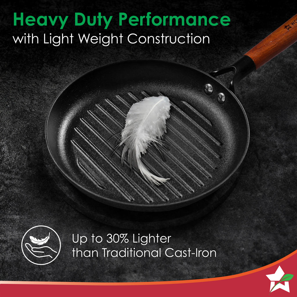 Pre-Seasoned Ferro Light 24cm Grill Pan| 2.5MM | Acacia Wooden Handles | Gravity Moulding Technology | No Chemical Coating |10 Year Warranty