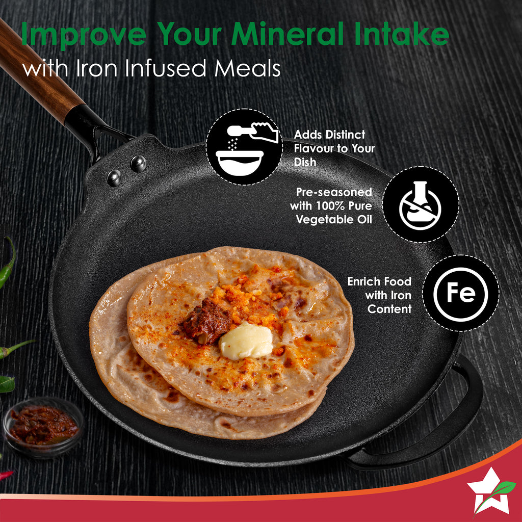 Ferro Light-weight Cast-iron Dosa Tawa | 30cm | Pre-seasoned with 100% Vegetable Oil | 40% Lighter than Regular Cast-iron Cookware | Cool-touch Real Acacia Wood Handles | 10-Year Warranty