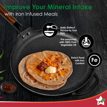 Load image into Gallery viewer, Ferro Light-weight Cast-iron Dosa Tawa | 30cm | Pre-seasoned with 100% Vegetable Oil | 40% Lighter than Regular Cast-iron Cookware | Cool-touch Real Acacia Wood Handles | 10-Year Warranty