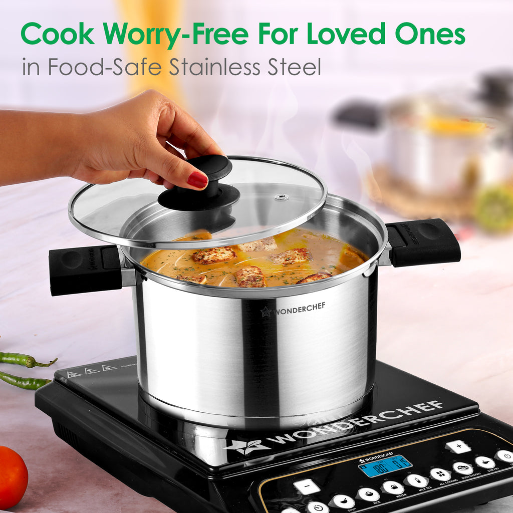 Click and Cook Stainless Steel Casserole 3 Pc Set | 6.5 L, 3.2 L, 1 L | Unique Foldable Cool-touch Handles | Tri-ply Bottom | Glass Lid with Steam Vent | Induction and Gas Cooktop Friendly