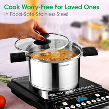 Load image into Gallery viewer, Click and Cook Stainless Steel Casserole 3 Pc Set | 6.5 L, 3.2 L, 1 L | Unique Foldable Cool-touch Handles | Tri-ply Bottom | Glass Lid with Steam Vent | Induction and Gas Cooktop Friendly