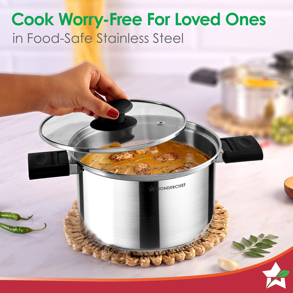 Click and Cook Stainless Steel Casserole 3 Pc Set | 6.5 L, 3.2 L, 1 L | Unique Foldable Cool-touch Handles | Tri-ply Bottom | Glass Lid with Steam Vent | Induction and Gas Cooktop Friendly