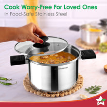 Load image into Gallery viewer, Click and Cook Stainless Steel Casserole 3 Pc Set | 6.5 L, 3.2 L, 1 L | Unique Foldable Cool-touch Handles | Tri-ply Bottom | Glass Lid with Steam Vent | Induction and Gas Cooktop Friendly