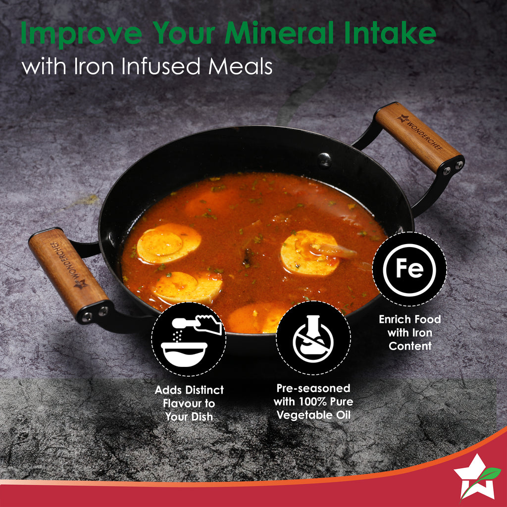 Ferro Light-weight Cast-iron Kadhai | 20cm | Pre-seasoned with 100% Vegetable Oil | 40% Lighter than Regular Cast-iron Cookware | Cool-touch Real Acacia Wood Handles | 10-Year Warranty