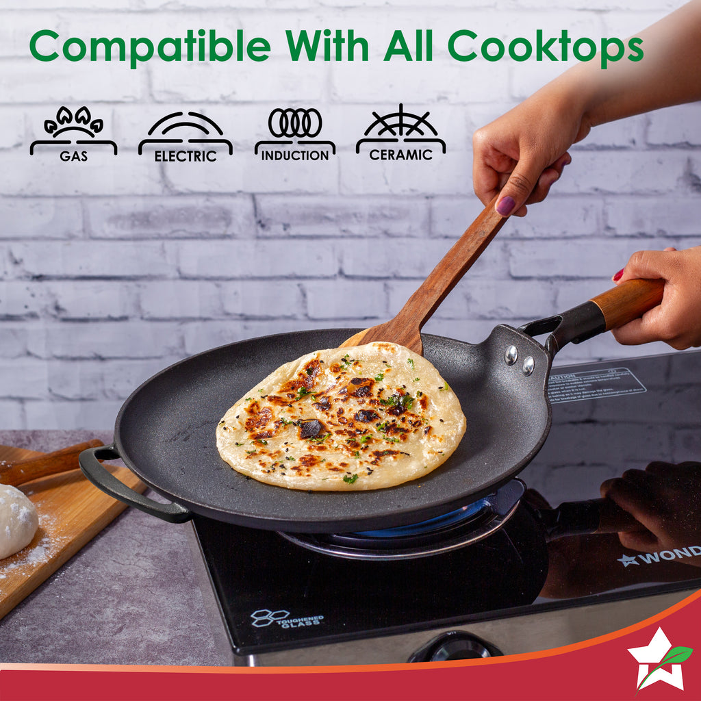 Ferro Light-weight Cast-iron Dosa Tawa | 30cm | Pre-seasoned with 100% Vegetable Oil | 40% Lighter than Regular Cast-iron Cookware | Cool-touch Real Acacia Wood Handles | 10-Year Warranty