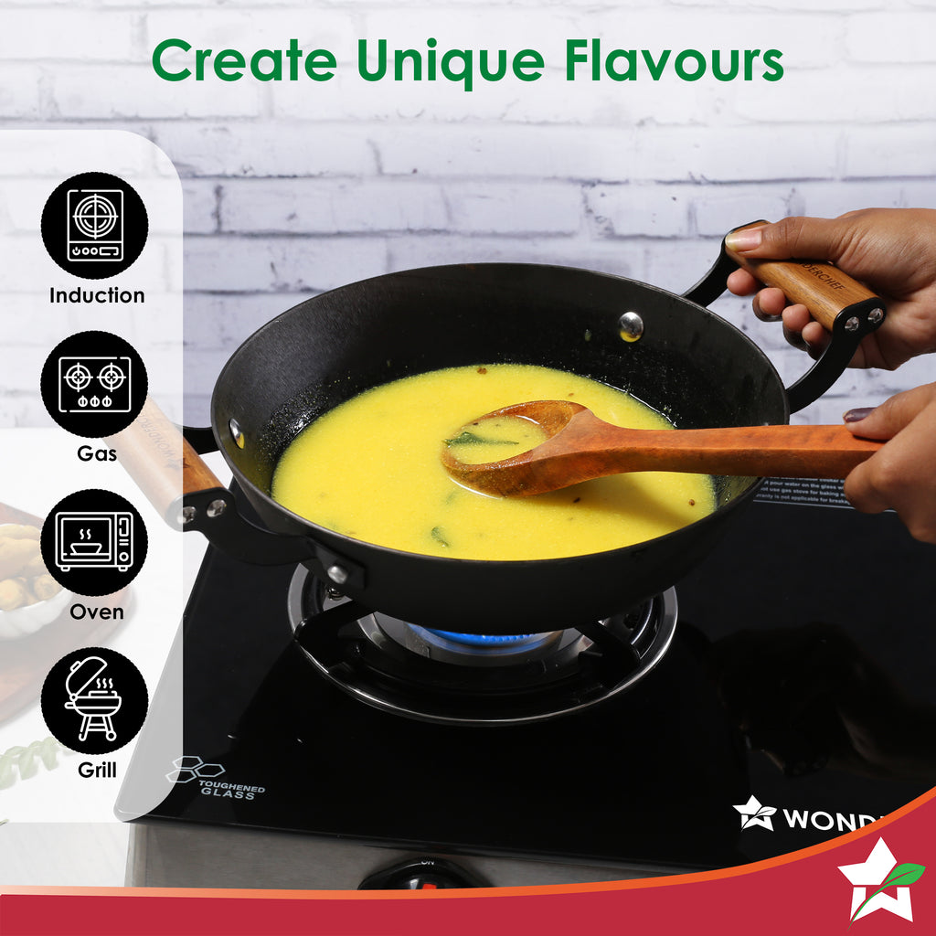 Ferro Light-weight Cast-iron Kadhai | 20cm | Pre-seasoned with 100% Vegetable Oil | 40% Lighter than Regular Cast-iron Cookware | Cool-touch Real Acacia Wood Handles | 10-Year Warranty