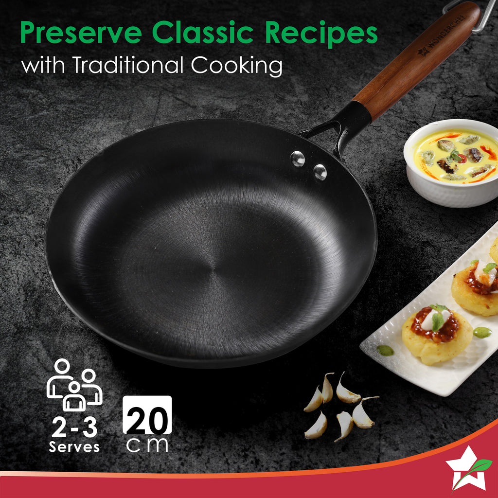 Pre-Seasoned Ferro Light 20cm Cast Iron Fry Pan | 800 ml | Acacia Wooden Handles | Gravity Moulding Technology | No Chemical Coating | 10 Year Warranty