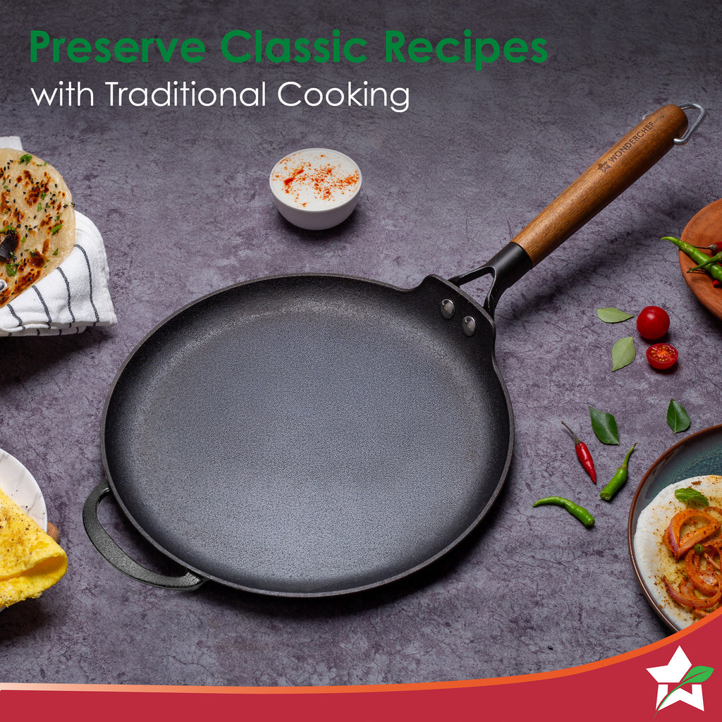 Ferro Light-weight Cast-iron Dosa Tawa | 30cm | Pre-seasoned with 100% Vegetable Oil | 40% Lighter than Regular Cast-iron Cookware | Cool-touch Real Acacia Wood Handles | 10-Year Warranty