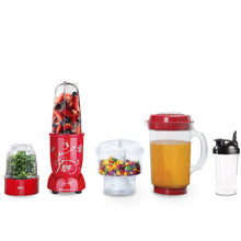 Load image into Gallery viewer, Nutri-blend Juicer, Mixer, Grinder, Smoothie Maker &amp; Chopper | Complete Kitchen Machine | 22000 RPM Blender, Chopper, Juicer | 500W 100% Full Copper Motor | SS Blades | 4 Unbreakable Jars | 2 Years Warranty | Recipe Book By Chef Sanjeev Kapoor | Red