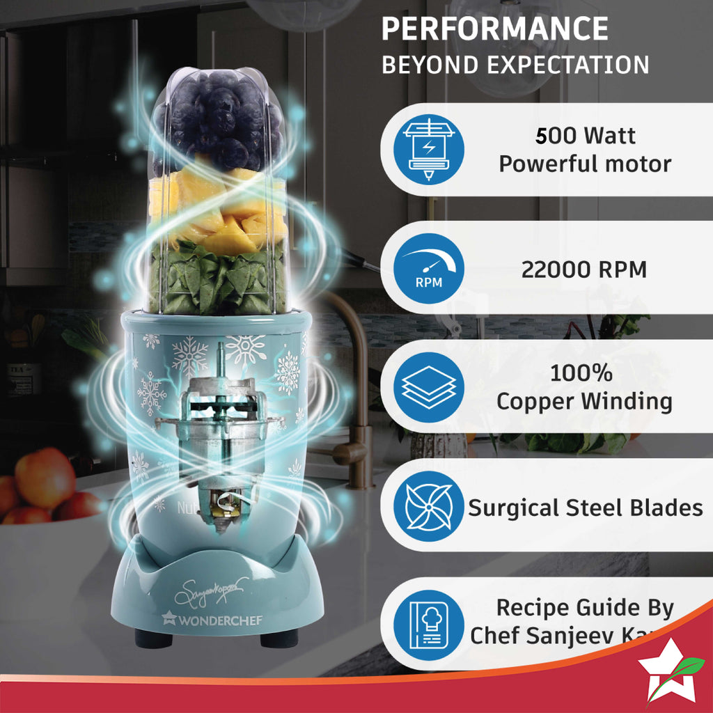 Nutri-blend Snowflakes | 22000 RPM | 100% Full Copper Motor | 2 Unbreakable Jars | Sipper Jar & Lid | Sharp Stainless-Steel Blades | 500W | 2-Year Warranty | Recipe book by Chef Sanjeev Kapoor