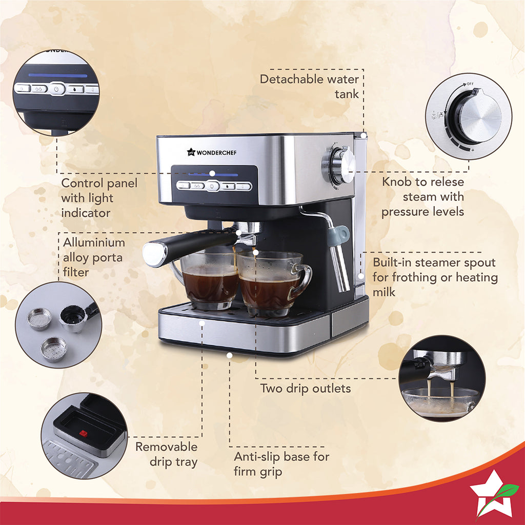 Regalia Espresso Coffee Maker 20 Bar | Ideal for Espresso, Cappuccino, Latté, Macchiato or Ristretto at Home | with Steamer Spout for Cappuccino & Latte | Professional Style Coffee | Works with Coffee Powder | 2 Years Warranty | Steel