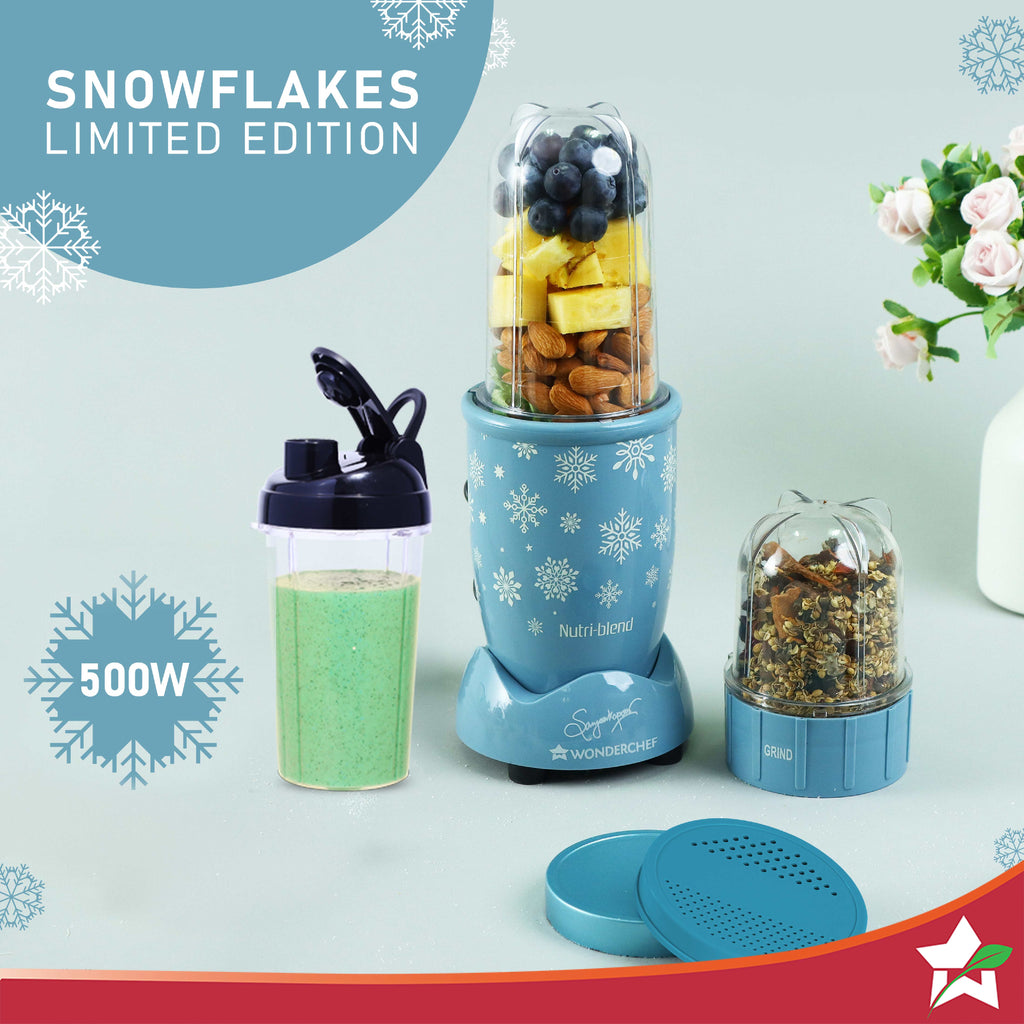 Nutri-blend Snowflakes | 22000 RPM | 100% Full Copper Motor | 2 Unbreakable Jars | Sipper Jar & Lid | Sharp Stainless-Steel Blades | 500W | 2-Year Warranty | Recipe book by Chef Sanjeev Kapoor