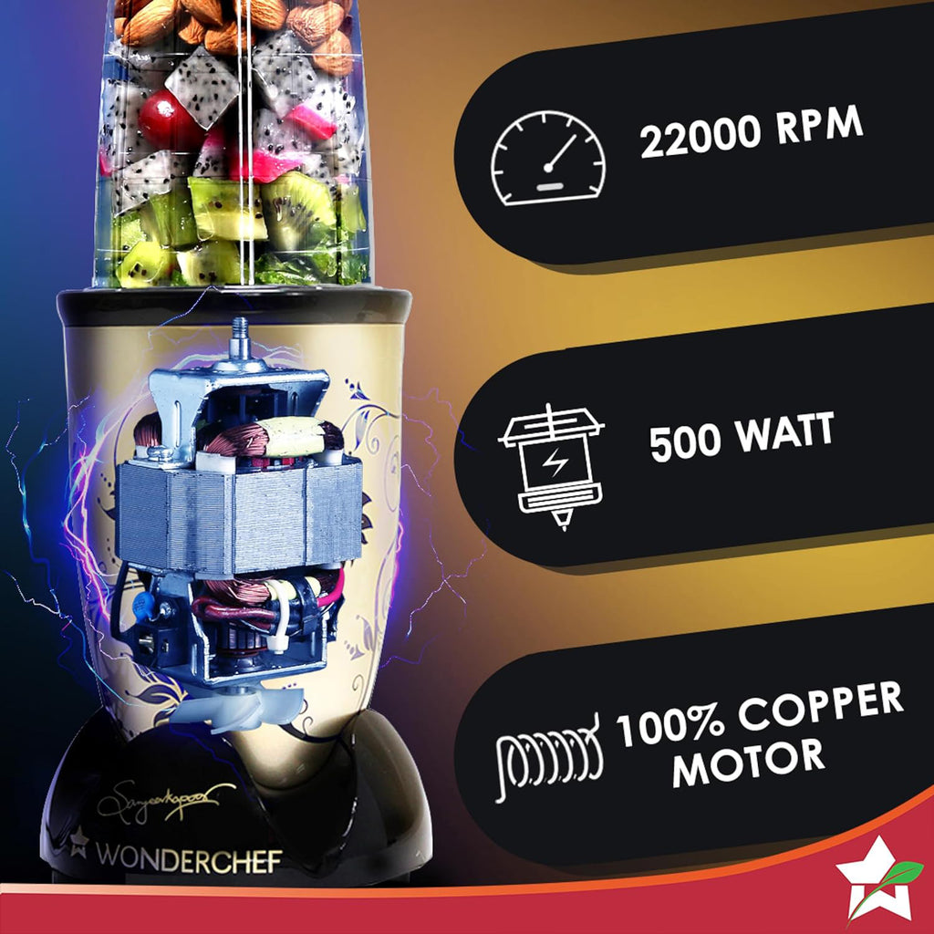 Nutri-blend, 500W, 22000 RPM 100% Full Copper Motor, Mixer-Grinder, Blender, SS Blades, 2 unbreakable Jars, 2 Years warranty, Champagne, Recipe book by Chef Sanjeev Kapoor