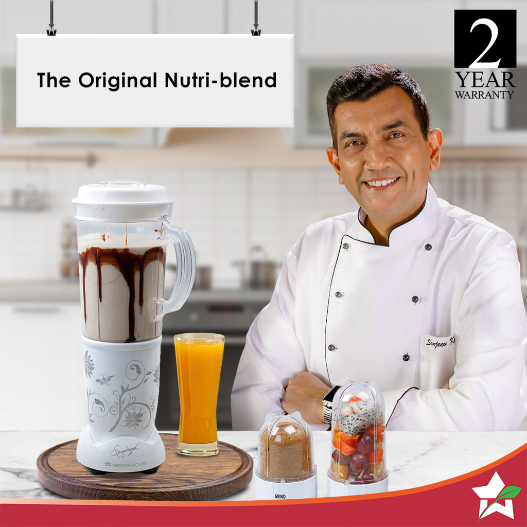 Nutri-blend Juicer, Mixer, Grinder, Blender & Smoothie Maker | 400W 22000 RPM 100% Full Copper Motor | Stainless steel Blades | 3 unbreakable jars | 2 Years warranty | Recipe book by Chef Sanjeev Kapoor | White