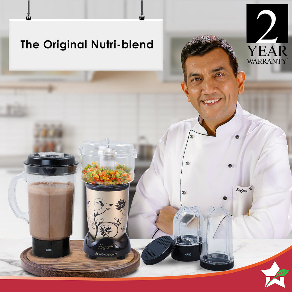 Nutri-blend Juicer, Mixer, Grinder, Smoothie Maker & Chopper | Complete Kitchen Machine | 22000 RPM Blender, Chopper, Juicer | 400W 100% Full Copper Motor | SS Blades | 4 Unbreakable Jars | 2 Years Warranty | Recipe Book By Chef Sanjeev Kapoor | Champagne