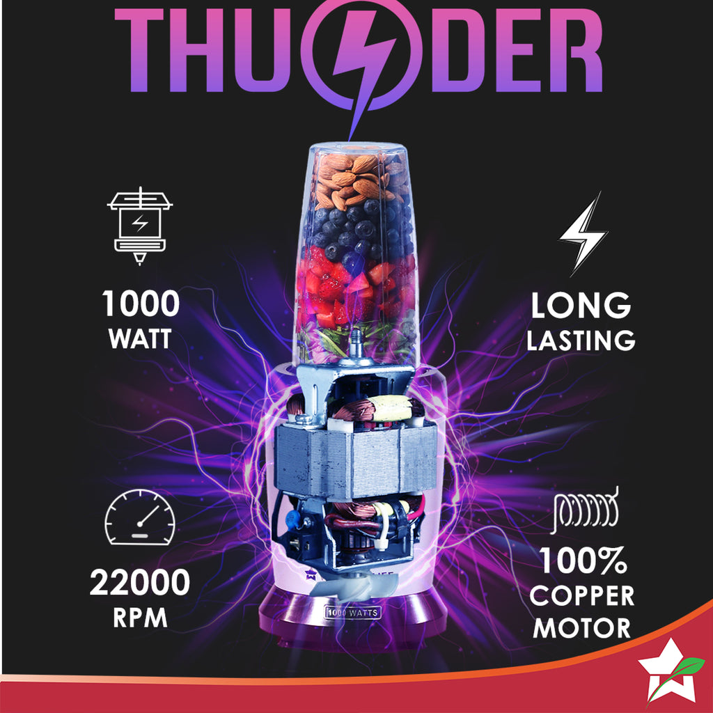 Nutri-blend Thunder Mixer, Grinder, Blender & Smoothie Maker | 1000W 22000 RPM 100% Full Copper Motor | SS 6-Blade Assembly | 2 Unbreakable Tritan Jars | 2 Years Warranty | Recipe Book By Chef Sanjeev Kapoor | Black Silver