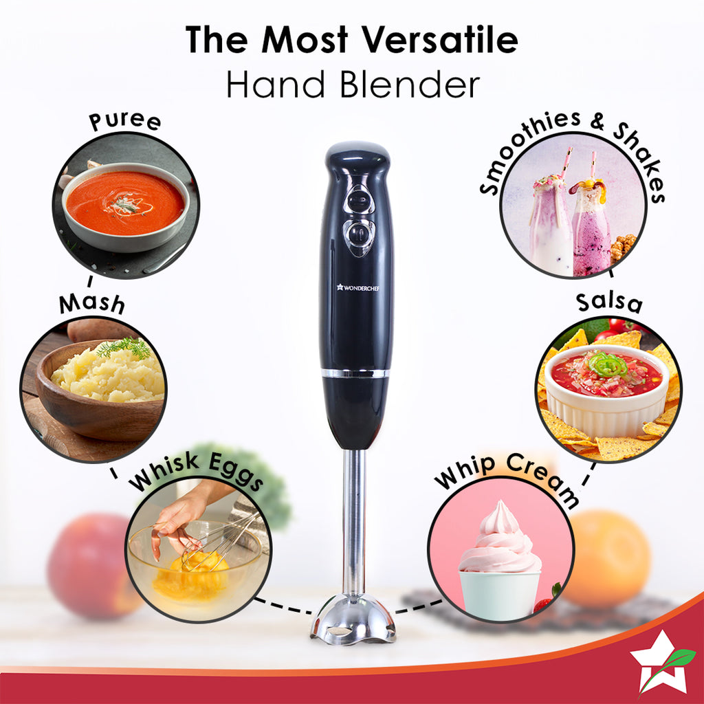 Prima Electric 180 W Hand Blender I Portable | Compact Easy Grip Body I Single Push Button Operation | Sharp Food Grade Anti Rust Stainless Steel Blades | Make Puree, Baby Food, Soup, Smoothie | Detachable Stainless Steel Shaft | 2 Years Warranty | Black