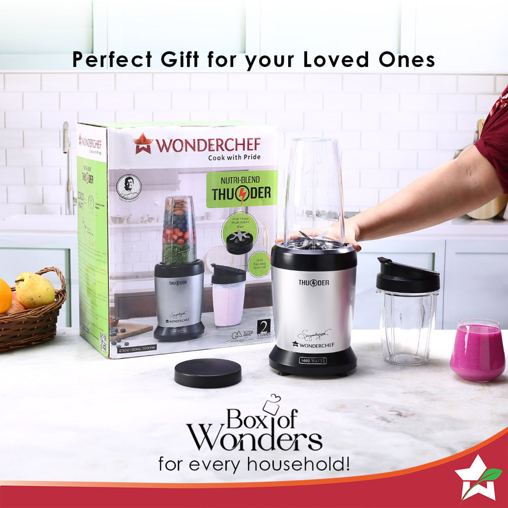 Nutri-blend Thunder Mixer, Grinder, Blender & Smoothie Maker | 1000W 22000 RPM 100% Full Copper Motor | SS 6-Blade Assembly | 2 Unbreakable Tritan Jars | 2 Years Warranty | Recipe Book By Chef Sanjeev Kapoor | Black Silver