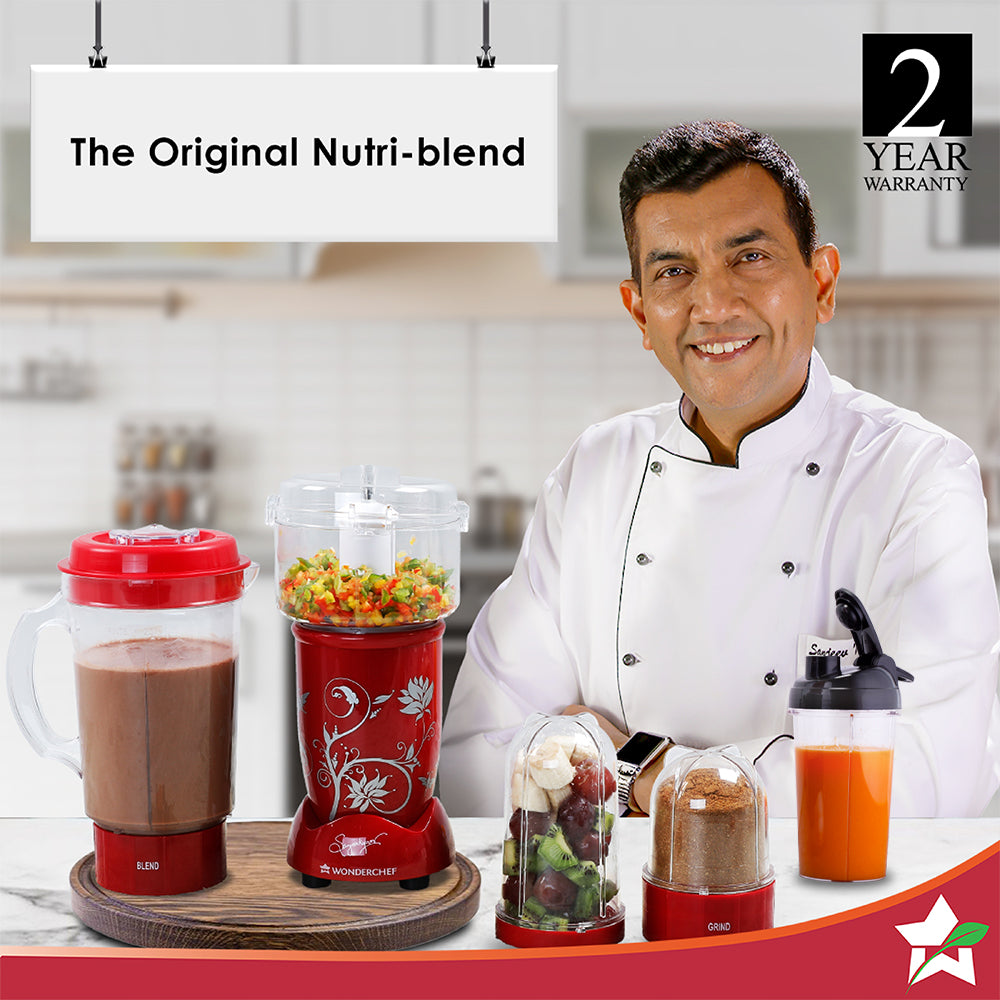 Nutri-blend Juicer, Mixer, Grinder, Smoothie Maker & Chopper | Complete Kitchen Machine | 22000 RPM Blender, Chopper, Juicer | 500W 100% Full Copper Motor | SS Blades | 4 Unbreakable Jars | 2 Years Warranty | Recipe Book By Chef Sanjeev Kapoor | Red