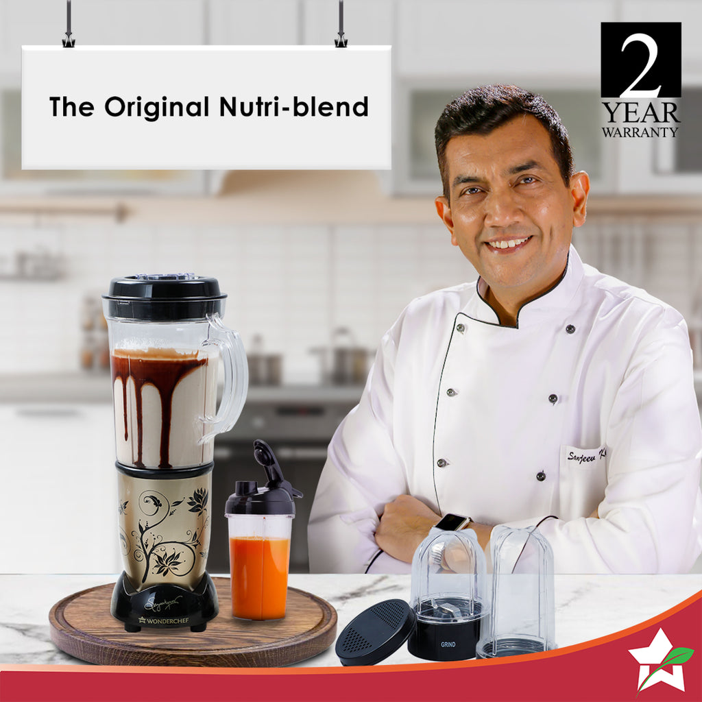 Nutri-blend Juicer, Mixer, Grinder, Blender & Smoothie Maker | 500W 22000 RPM 100% Full Copper Motor | Stainless steel Blades | 3 unbreakable jars | 2 Years warranty | Recipe book by Chef Sanjeev Kapoor | Champagne