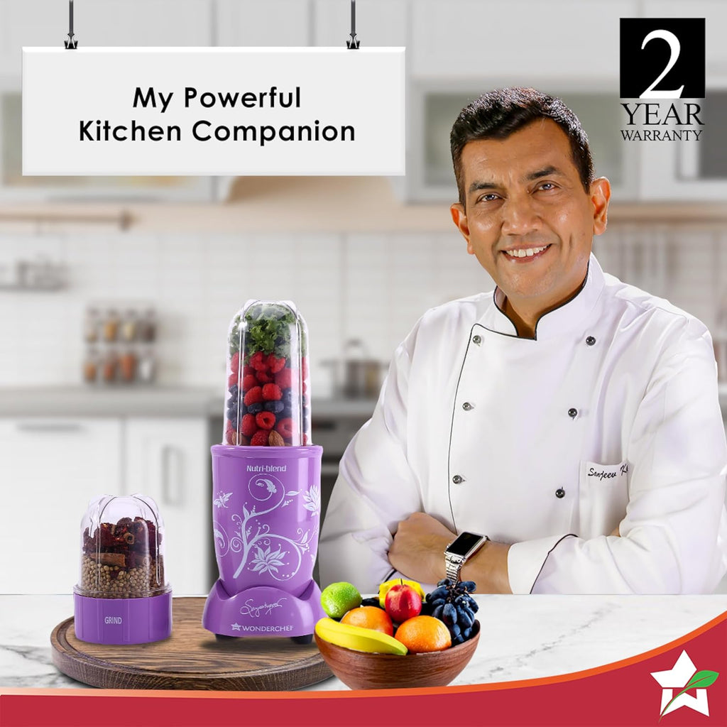 Nutri-blend, 500W, 22000 RPM 100% Full Copper Motor, Mixer-Grinder, Blender, SS Blades, 2 unbreakable Jars, 2 Years warranty, Purple, Recipe Book By Chef Sanjeev Kapoor