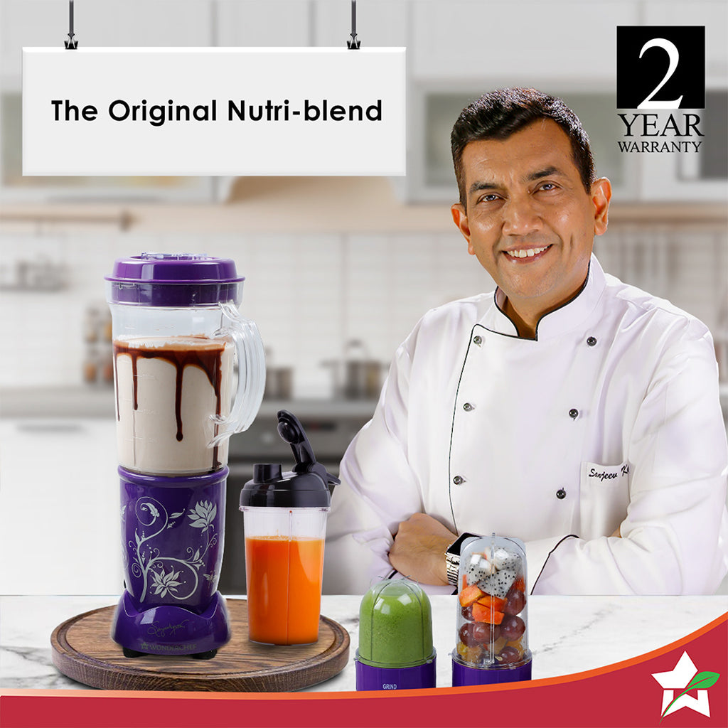 Nutri-blend Juicer, Mixer, Grinder, Blender & Smoothie Maker | 500W 22000 RPM 100% Full Copper Motor | Stainless steel Blades | 3 unbreakable jars | 2 Years warranty | Recipe book by Chef Sanjeev Kapoor | Purple