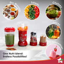 Load image into Gallery viewer, Nutri-blend Juicer, Mixer, Grinder, Smoothie Maker &amp; Chopper | Complete Kitchen Machine | 22000 RPM Blender, Chopper, Juicer | 500W 100% Full Copper Motor | SS Blades | 4 Unbreakable Jars | 2 Years Warranty | Recipe Book By Chef Sanjeev Kapoor | Red