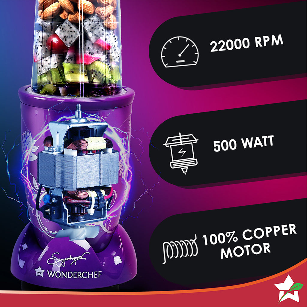 Nutri-blend Juicer, Mixer, Grinder, Blender & Smoothie Maker | 500W 22000 RPM 100% Full Copper Motor | Stainless steel Blades | 3 unbreakable jars | 2 Years warranty | Recipe book by Chef Sanjeev Kapoor | Purple