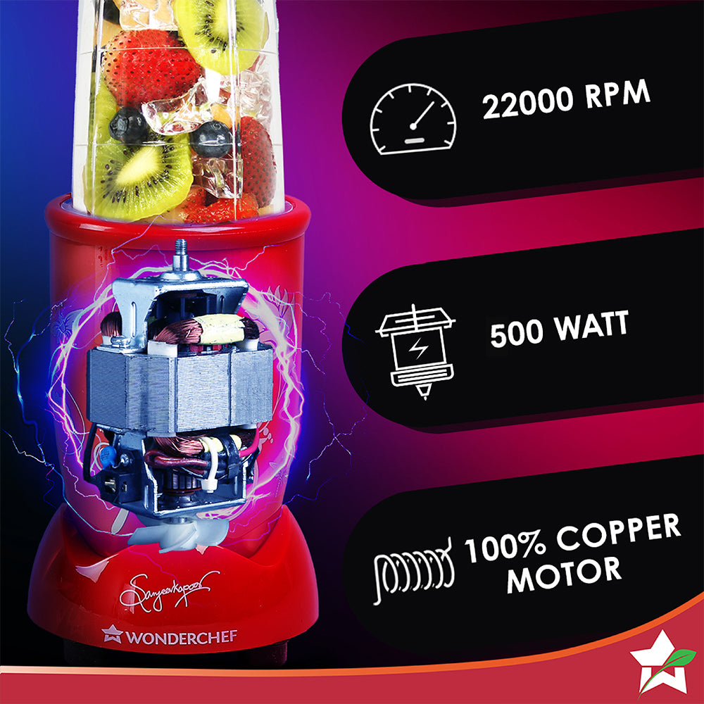 Nutri-blend Juicer, Mixer, Grinder, Smoothie Maker & Chopper | Complete Kitchen Machine | 22000 RPM Blender, Chopper, Juicer | 500W 100% Full Copper Motor | SS Blades | 4 Unbreakable Jars | 2 Years Warranty | Recipe Book By Chef Sanjeev Kapoor | Red