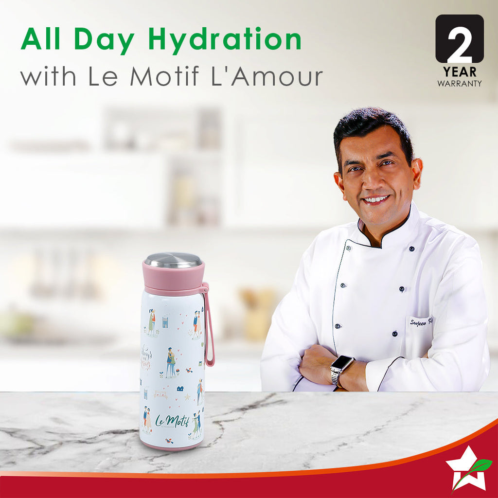 Le Motif L'amour, 420ml, Stainless Steel Double wall Water Bottle, 3D Embossed Design, Spill & Leak Proof, 2 Years Warranty