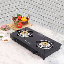 Load image into Gallery viewer, Glory 2 Burner Glass Cooktop, Stainless Steel Drip Tray, Black Toughened Glass with 2 Year Warranty,  Manual Ignition Gas Stove