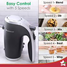 Load image into Gallery viewer, Wonderchef Renewed Onyx 5 Speed Electric Hand Mixer | 300W Powerful &amp; Silent Copper Motor I Adjustable Slow Speed Start I Hand Blender | Stainless Steel Whisk Beaters and Dough Hooks | 1 Year Warranty