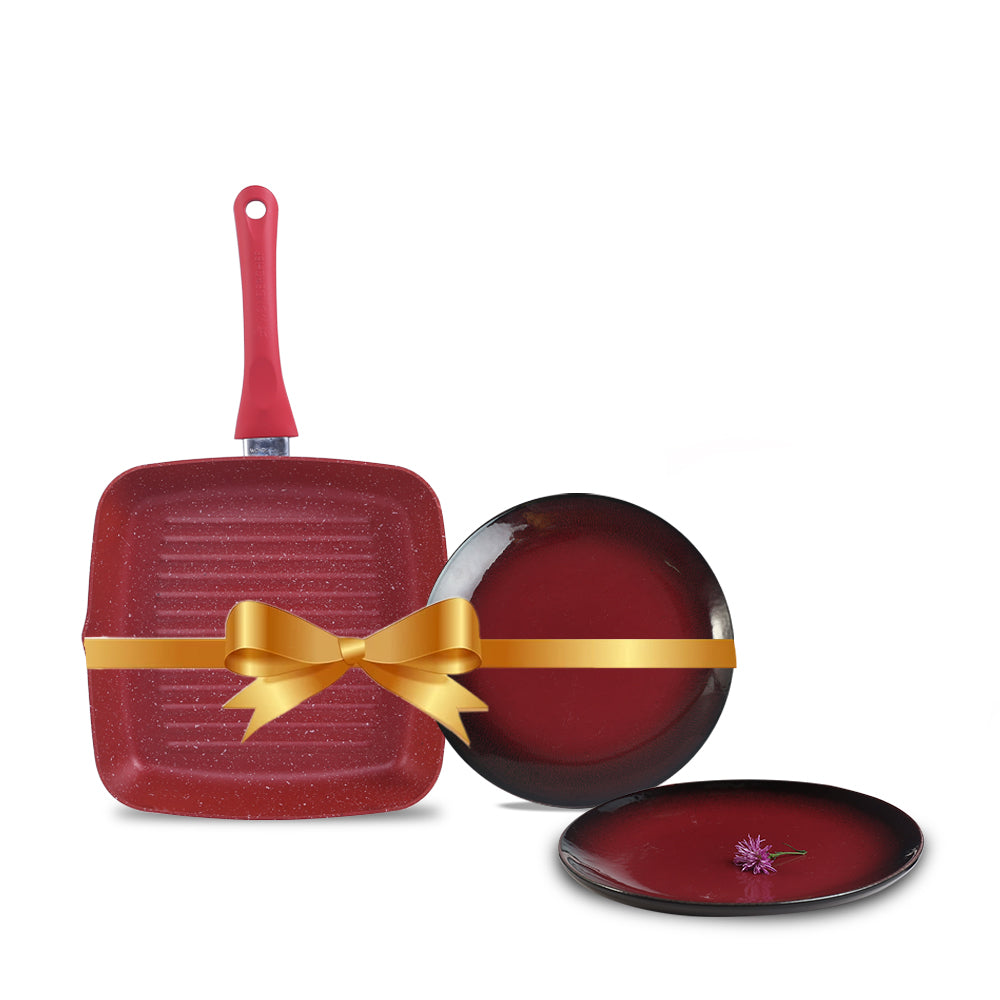 Wonderchef Royal Velvet Grill Pan 24cm Red + Teramo Qtr. Plates Set of 2, Gift Combo, for Family and Friends, Gift for Diwali and Festivals, House