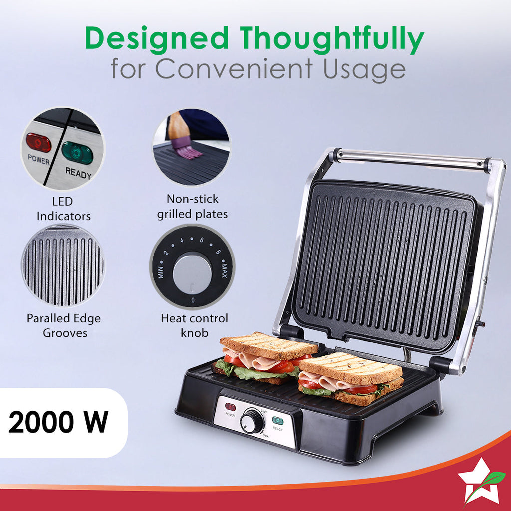 Wonderchef Renewed Sanjeev Kapoor Tandoor Professional | Electric Contact Grill & Sandwich Maker|3-in-1 Appliance | 2000 Watt | 180 Degree Grilling | Cool Touch Handle | LED Indicator | Black & Silver