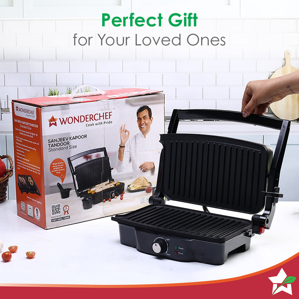 Wonderchef Renewed Sanjeev Kapoor Tandoor | Electric Contact Grill & Sandwich Maker | 3-in-1 Appliance | 1500 Watt | 180 Degree Grilling | Cool Touch Handle | Auto Shut Off | LED Indicator | Black & Silver