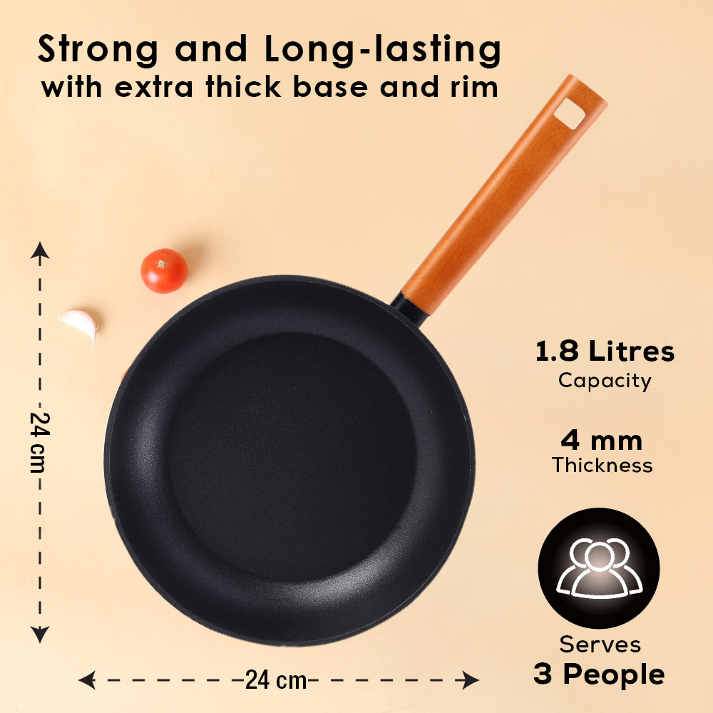 Caesar Forged Fry Pan, 24cm, Black, Healthy Greblon C3 Non-stick Coating, Made from Virgin Aluminium, PFOA Free, German Beechwood Handles, Use for Frying, Sauteing, Roasting, Easy to Clean