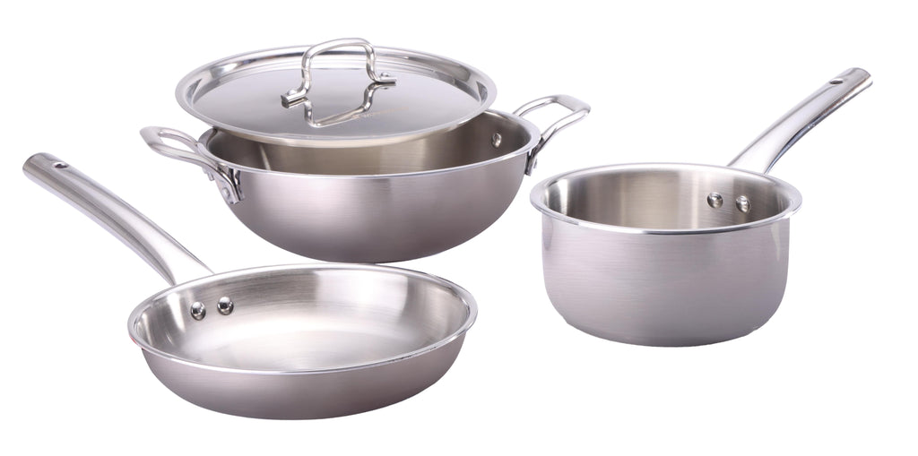 Venice Triply Stainless Steel 4 Pc. Cookware Set | Fry Pan 24cm, Kadhai with Lid 24cm, Saucepan 16cm | Non-toxic | Uniform Heating | Heavy-duty Handle | Easy Cleaning | 10-year Warranty