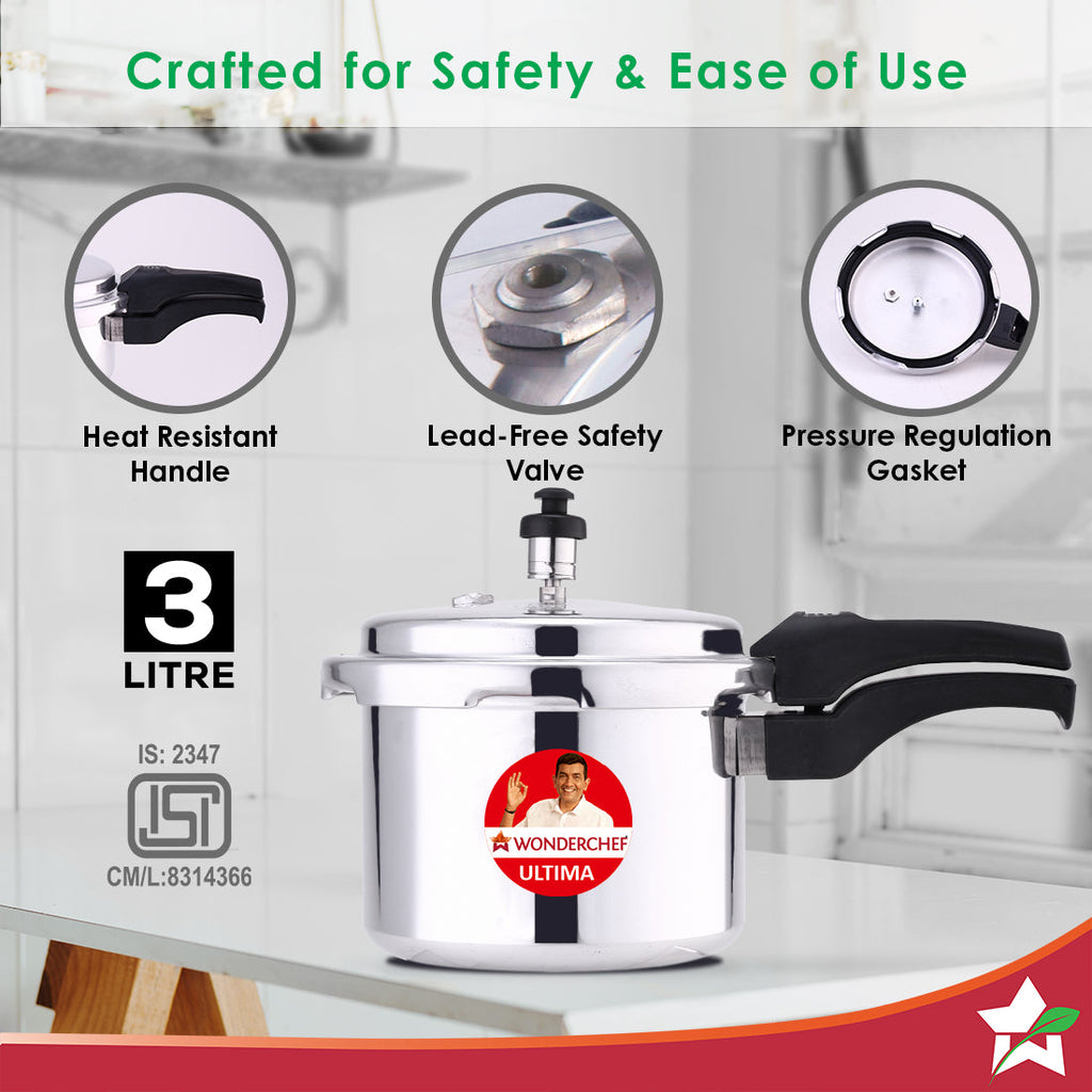 Outer Lid Ultima 3L Pressure Cooker, 3.25 mm Heavy Encapsulated Bottom, Bakelite Handles for Durability, Induction Friendly (Aluminium , Silver)