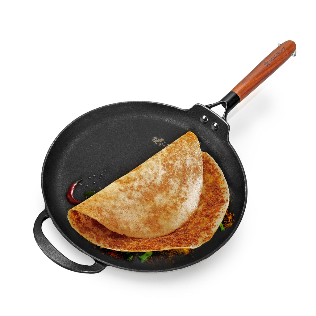 Ferro Light-weight Cast-iron Dosa Tawa | 30cm | Pre-seasoned with 100% Vegetable Oil | 40% Lighter than Regular Cast-iron Cookware | Cool-touch Real Acacia Wood Handles | 10-Year Warranty